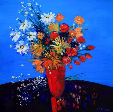Mixed daisies red vase 30x30 Mixed daisies red vase 30x30